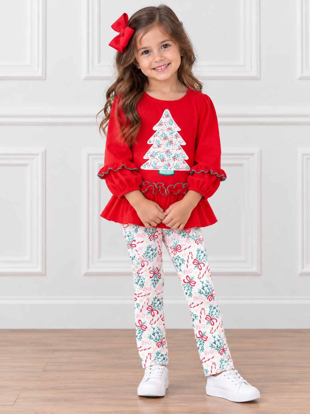 Red girls tunic and leggings set with Christmas tree appliqué