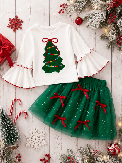 girls christmas tree outfit with tutu on christmas background