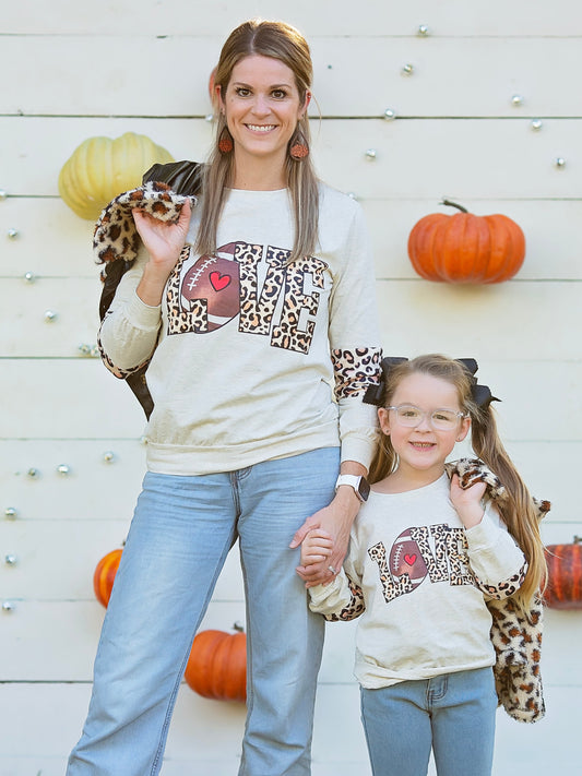 Mom & Me Football LOVE Top on an adult and child model
