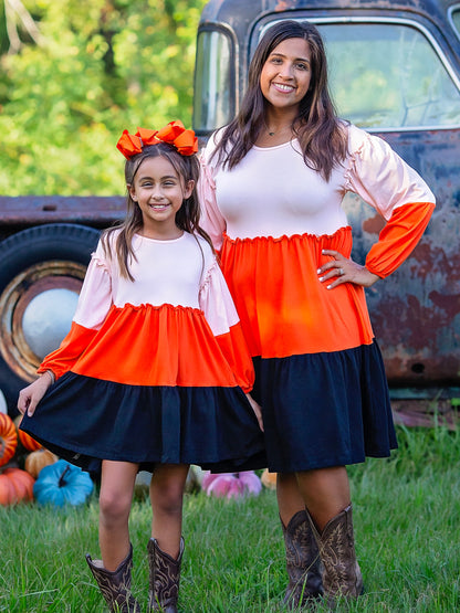 colorblock tiered dresses on mommy & me models