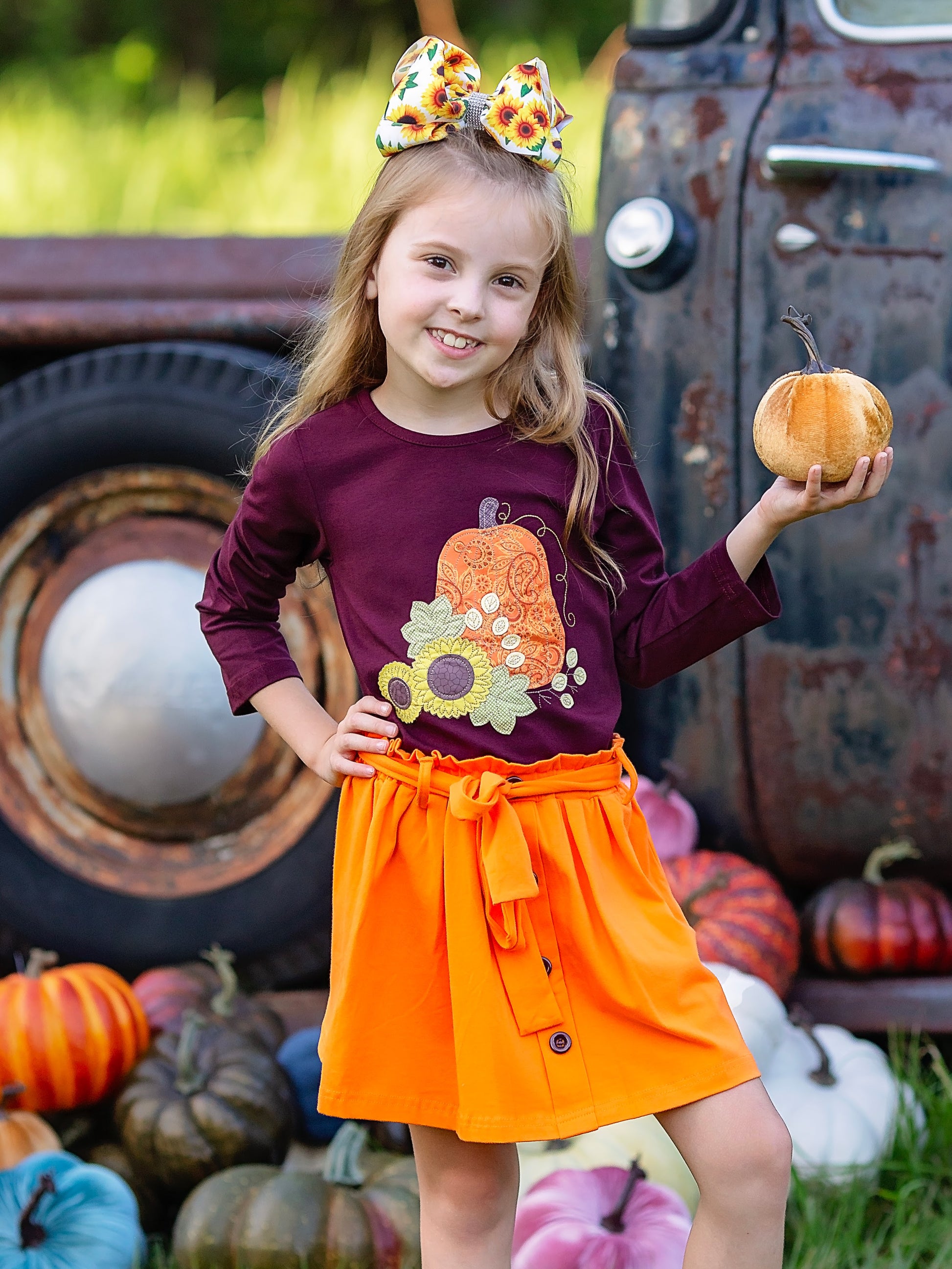 Sunflowers & Pumpkins Orange Skirt Set on a model