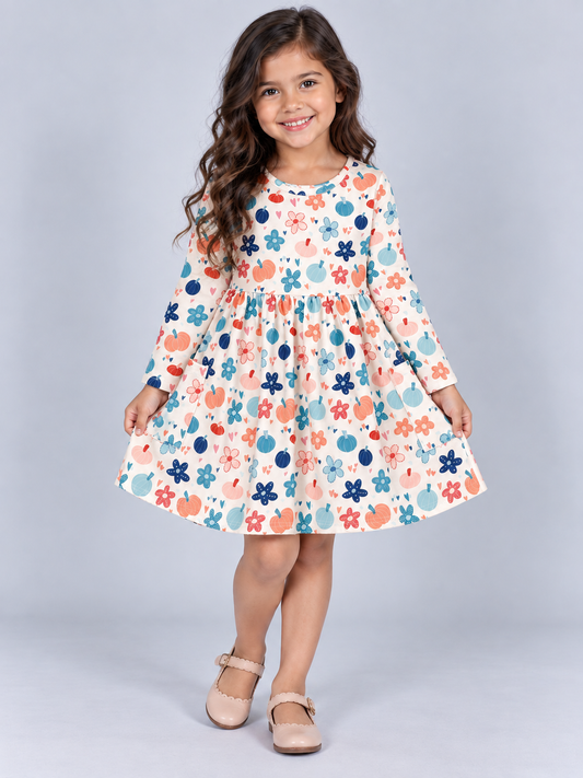model wearing our Girls fall pumpkin floral pocket dress on grey backdrop