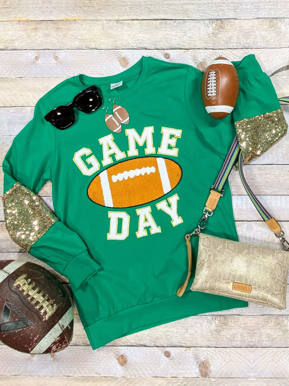 mommy & me green football game day sequin sweatshirt