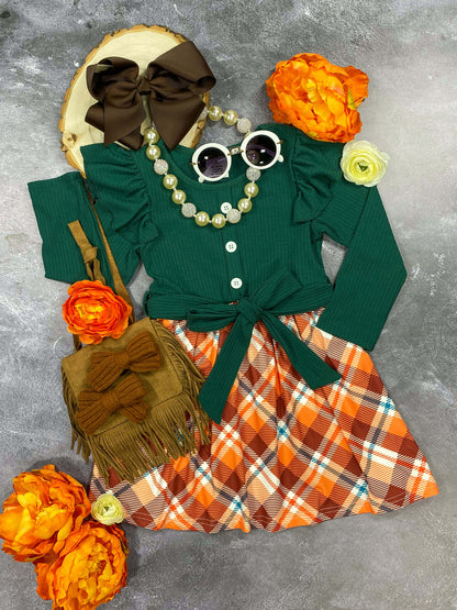 Green and plaid ruffle twirl dress