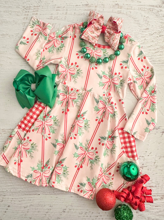 Holly Bows & Stripes Twirl Dress