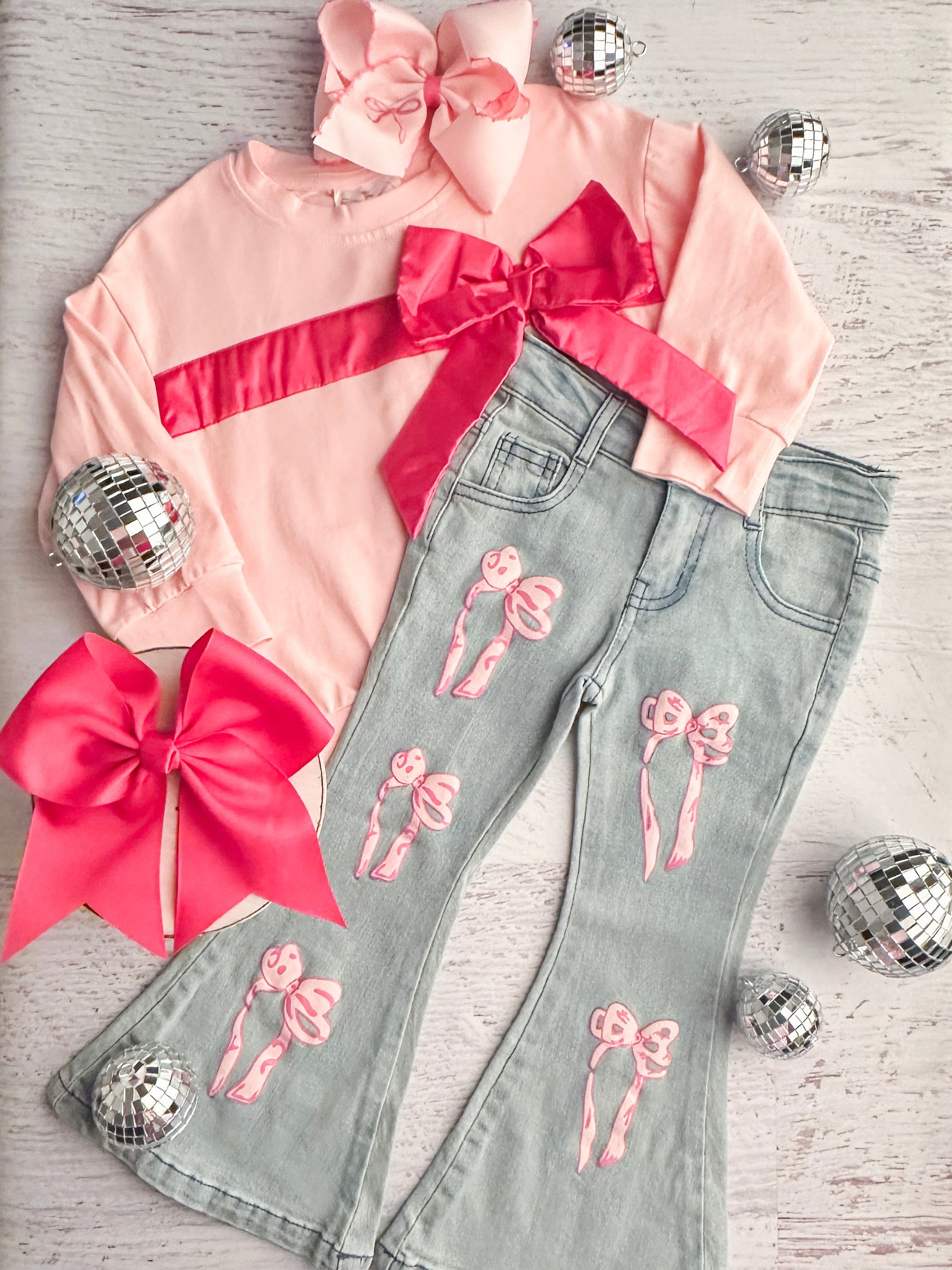 pink bow bell bottom jeans set