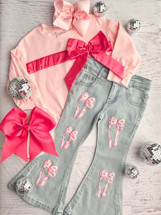 pink bow bell bottom jeans set