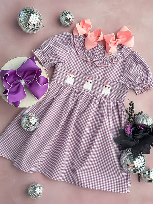 Embroidered Ghosts Purple Gingham Dress