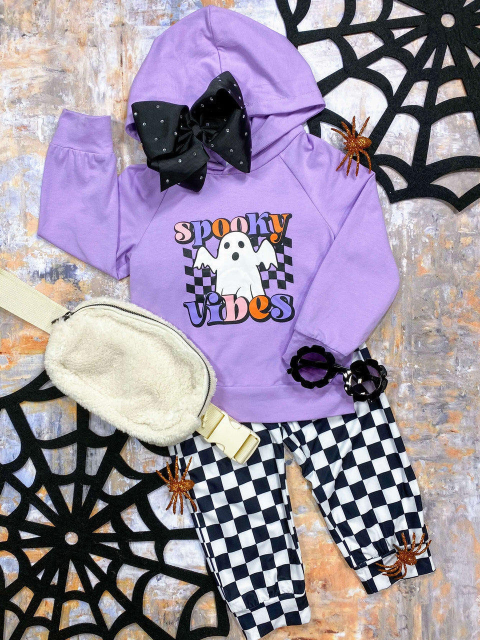 purple hooded spooky vibes ghost top with checkered pants set