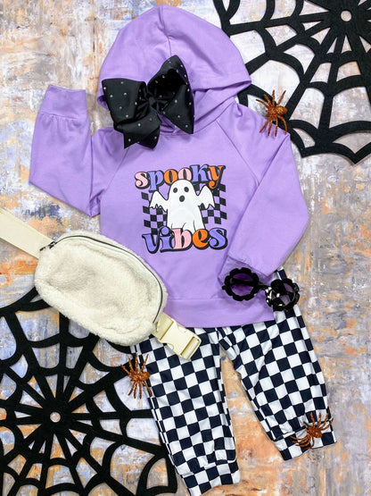 purple hooded spooky vibes ghost top with checkered pants set