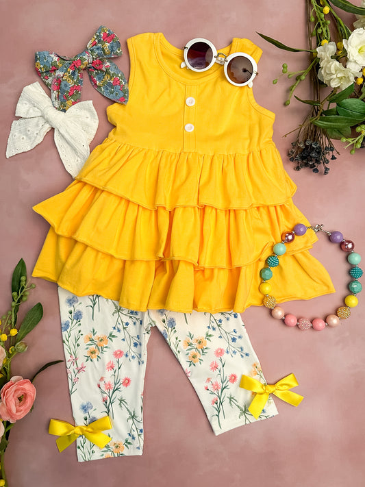 Yellow ruffle top and floral pants set