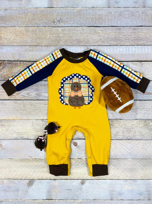 yellow romper with turkey and plaid 