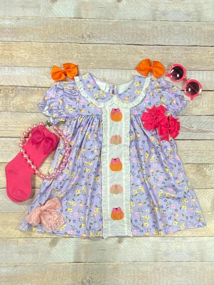 Turkey & Pumpkin Embroidered Floral Dress