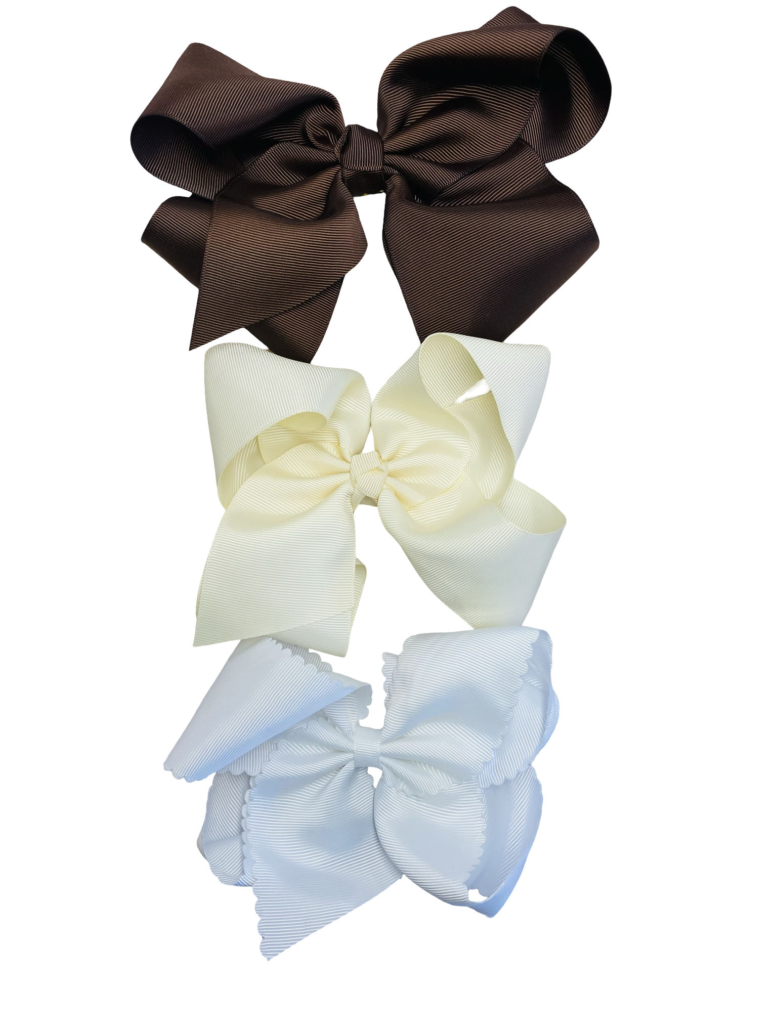 Set of three hair bows in brown, white, and light blue on a white background