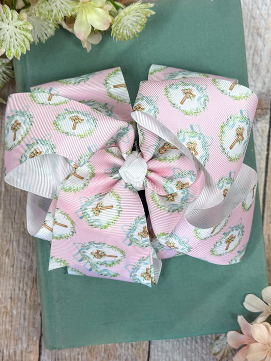 Pink Easter hair bow with cross wreath print in oversized double layer style