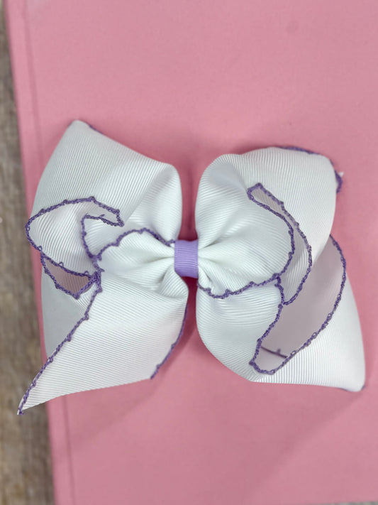 Moonstitch Grosgrain Hair Bow - white ribbon and lavender stitching