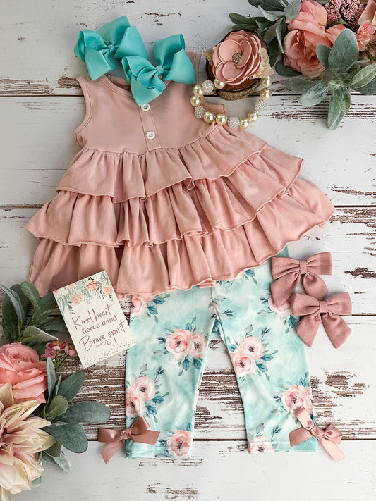 pink tiered top and blue floral pants set