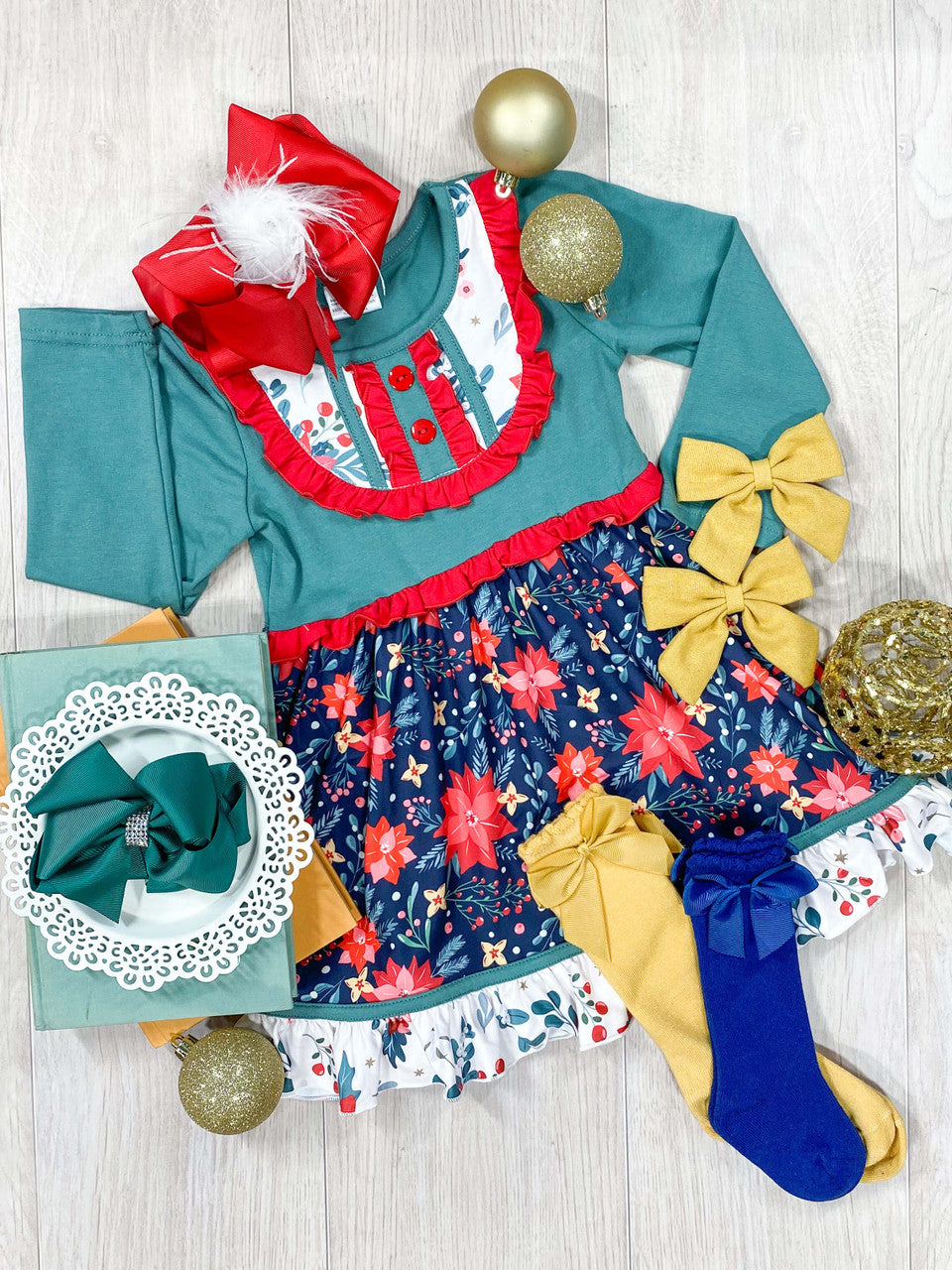 Poinsettia print ruffled dress with button detailing