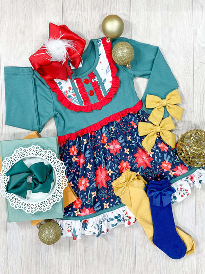 Poinsettia print ruffled dress with button detailing