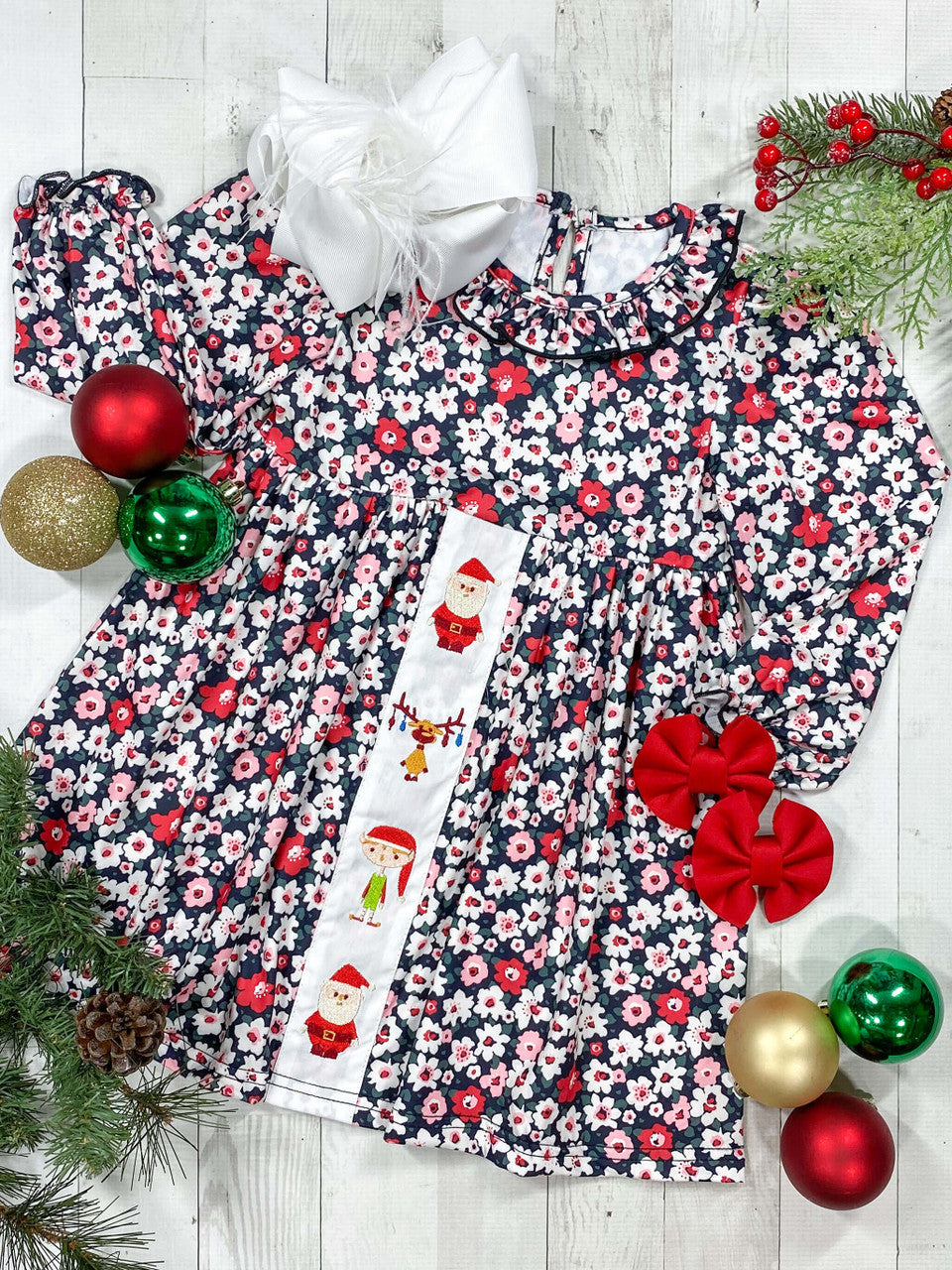 Floral print long sleeve dress with embroidered Santa & holiday friends