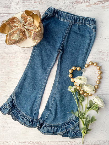 Denim jeans with ruffle hems