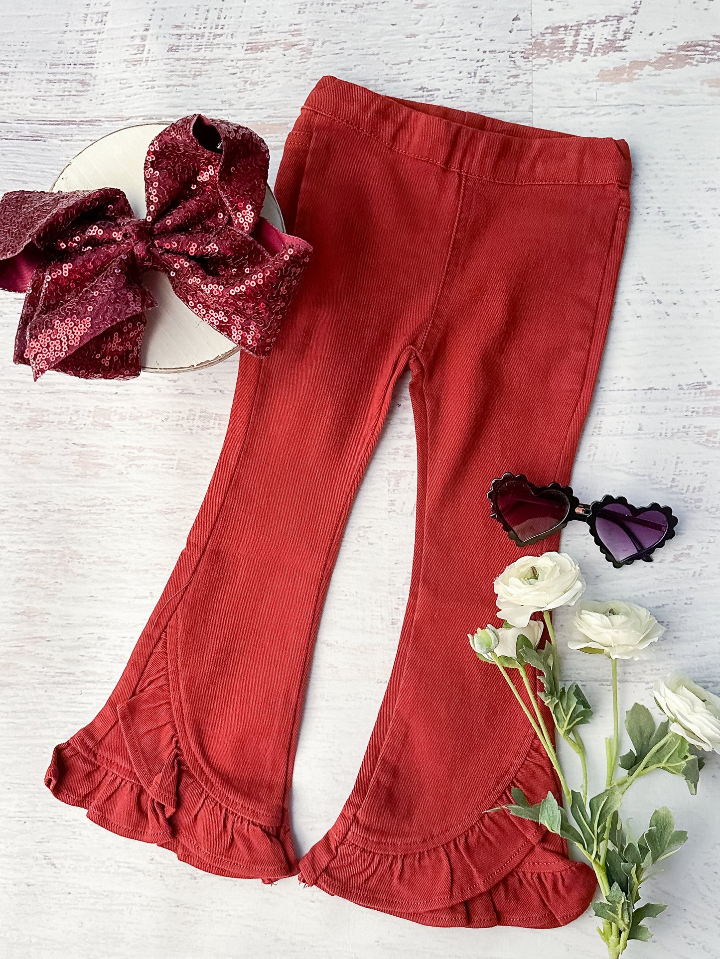 LAST ONES: Rustic Red Ruffle Jeans: FINAL SALE