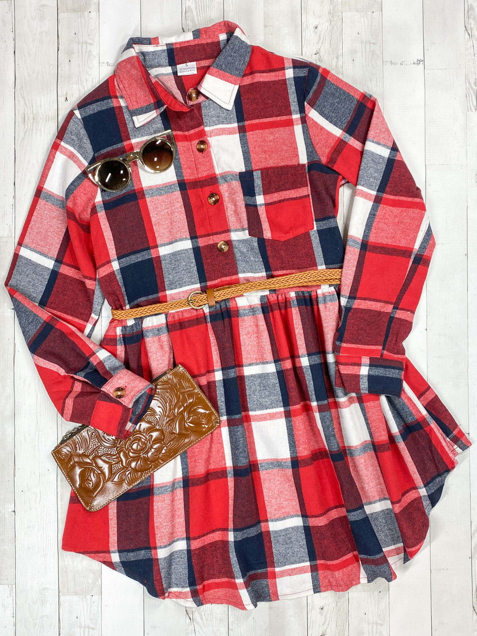 Red and Black Plaid dress with belt 