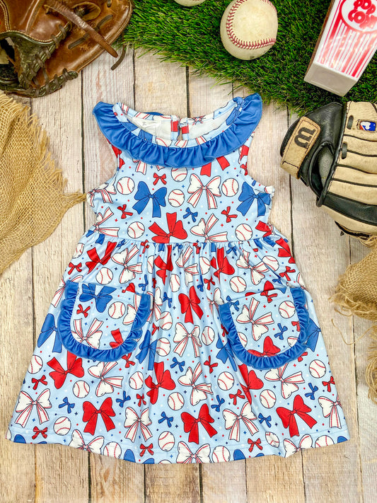 All-Star Baseball Bows Dress with Pockets on wood background - Alternative view