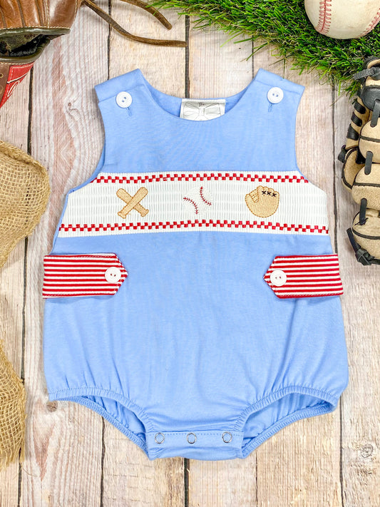 baseball boys infant romper with smocked design