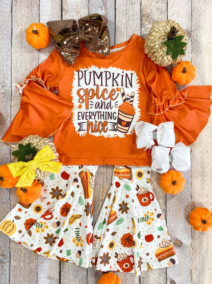 Orange bell sleeve shirt with Pumpkin Spice design and coordinating bell pants