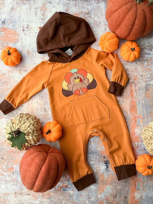 orange  infant onesie with turkey and brown hoodie