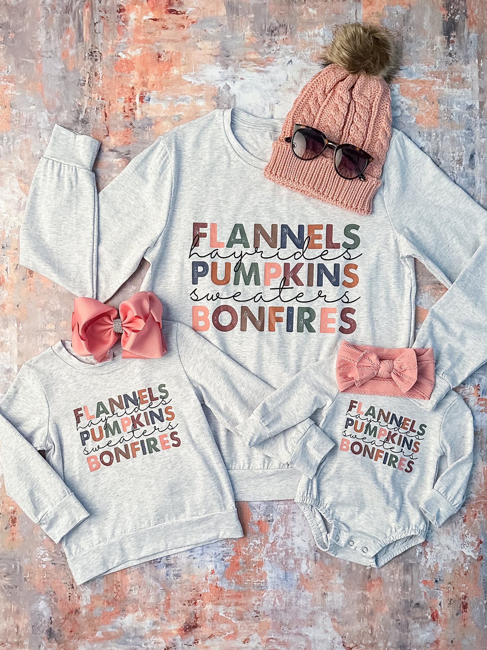 mommy & me slong sleeve shirts in adult, child, and infant sizes "flannels, hayrides, pumpkins, sweaters, bonfires"