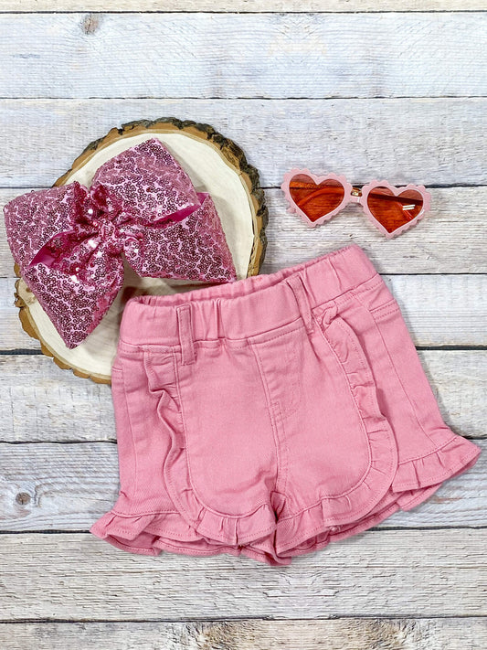 Pink Denim Ruffled Shorts
