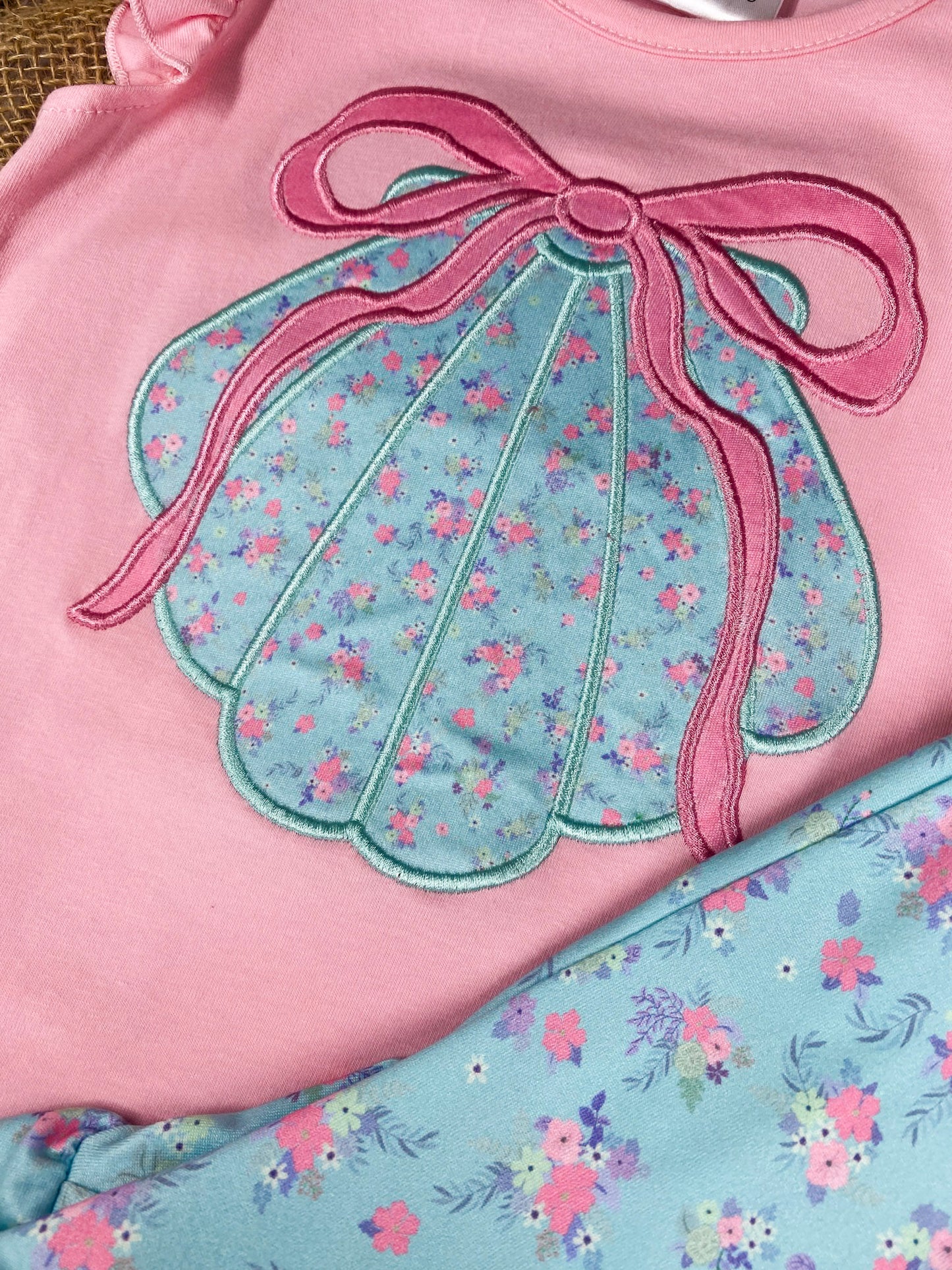 Girls sea shell outfit with pink top and blue shorts 