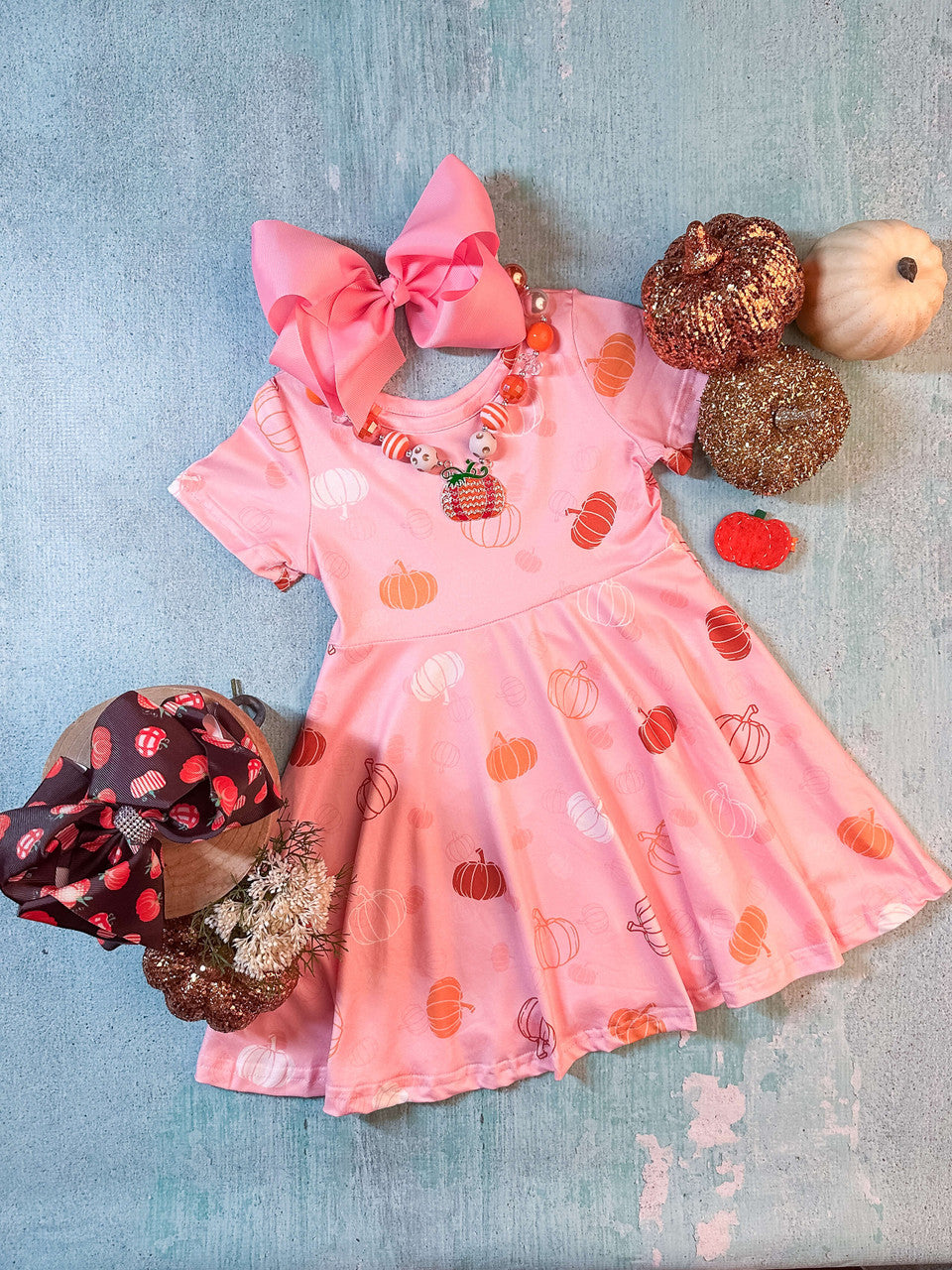 pink twirl dress with pumpkins