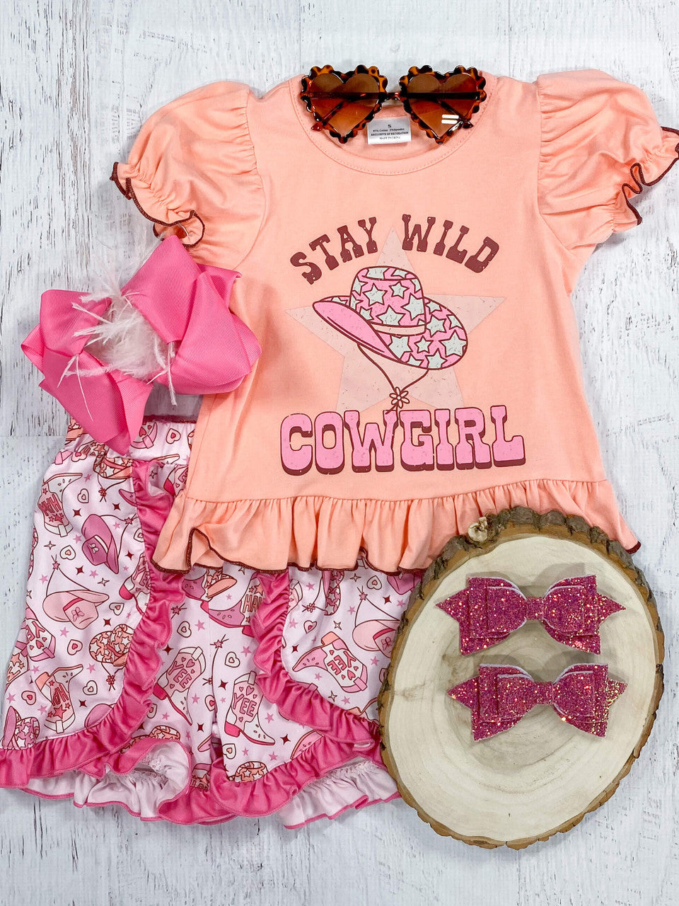 Peach Stay Wild Cowgirl Top, With Pink Western Print Shorts Set