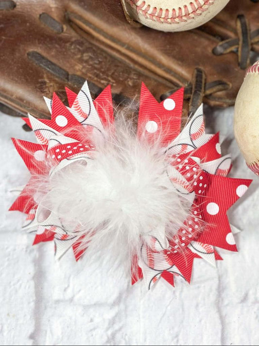 A mixture of red and white baseball printed grosgrain ribbons with a white marabou center