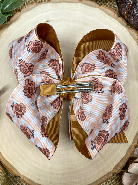 Turkey Print Hair Bow on a wooden background - Alternative view