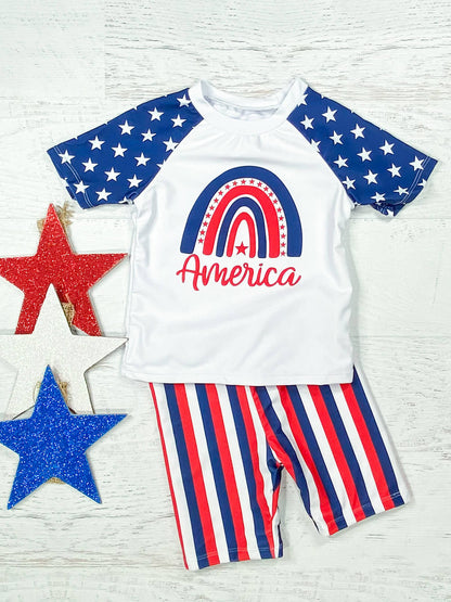 America Star Rainbow Raglan Top & Striped Swim Trunks - Boys
