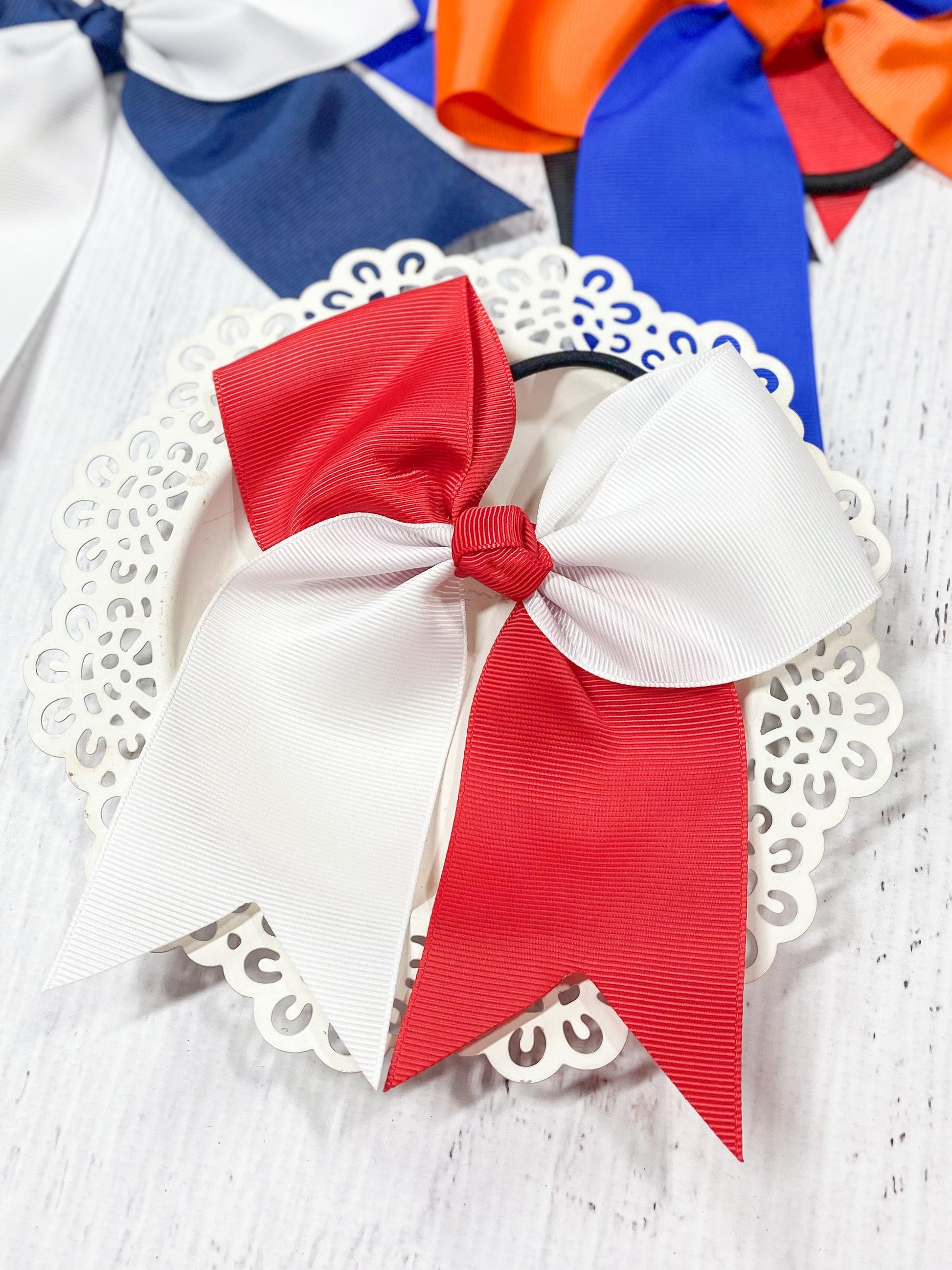 red and white school spirit cheer bow