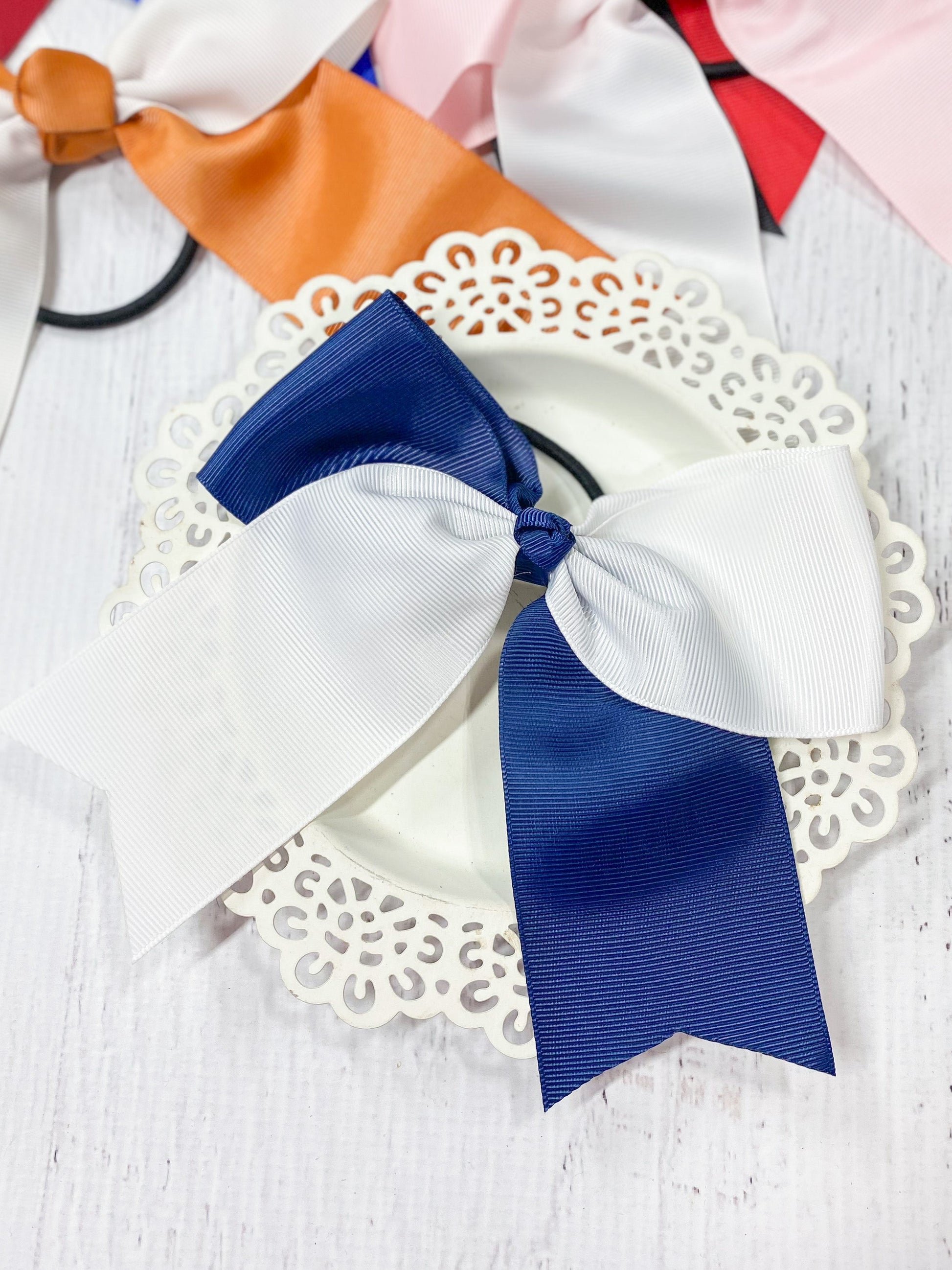 navy and white school spirit cheer bow