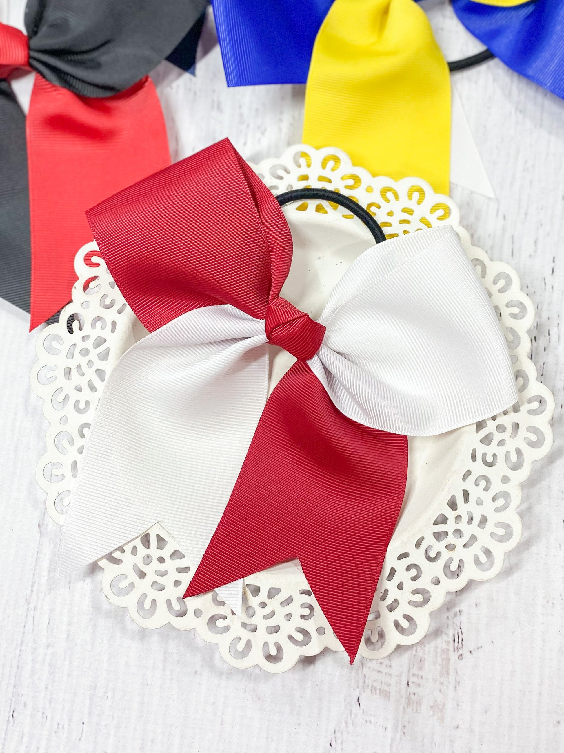 maroon and white school spirit cheer bow