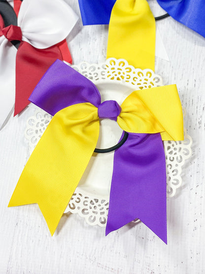 purple and yellow school spirit cheer bow