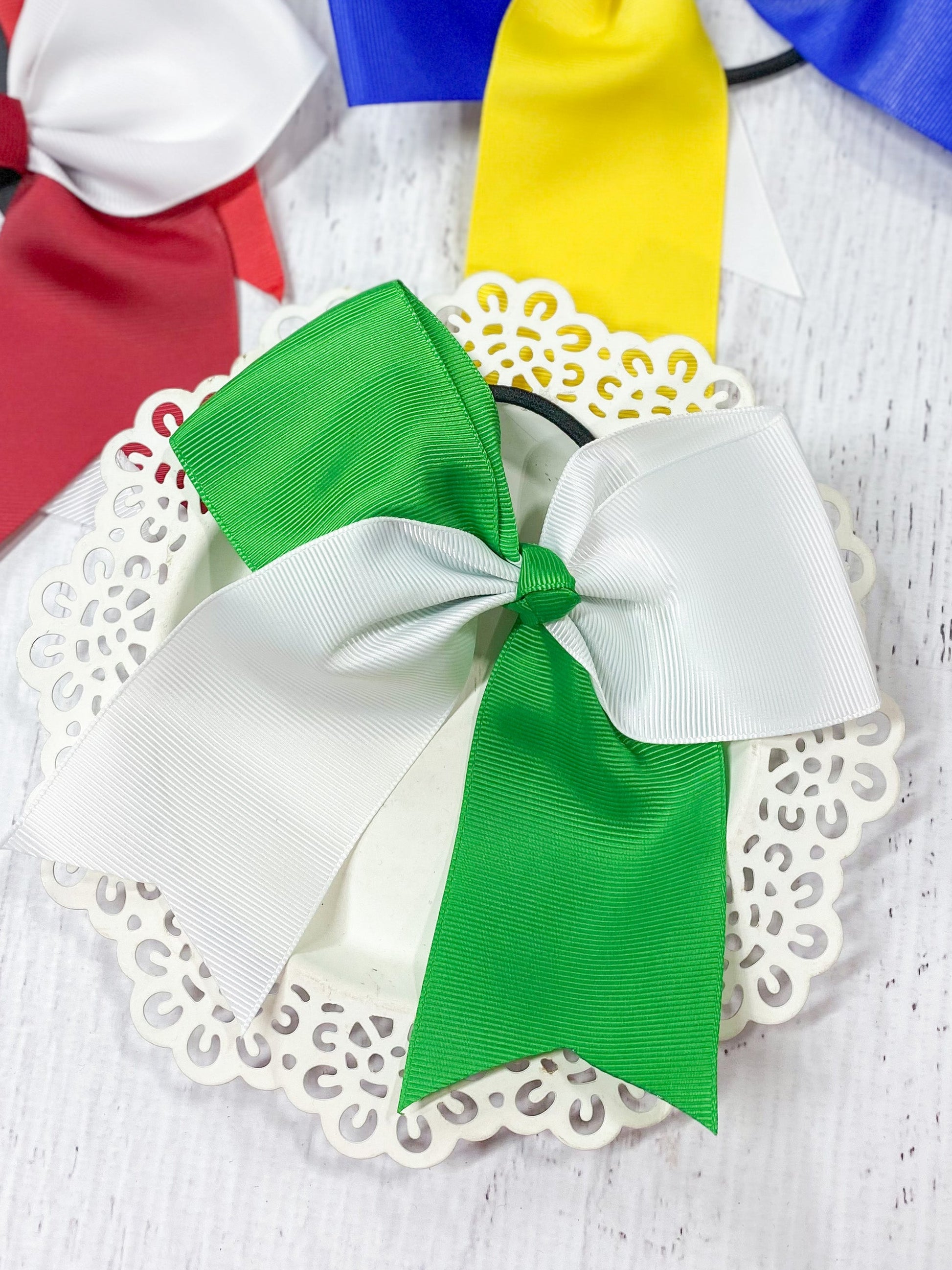 green and white school spirit cheer bow