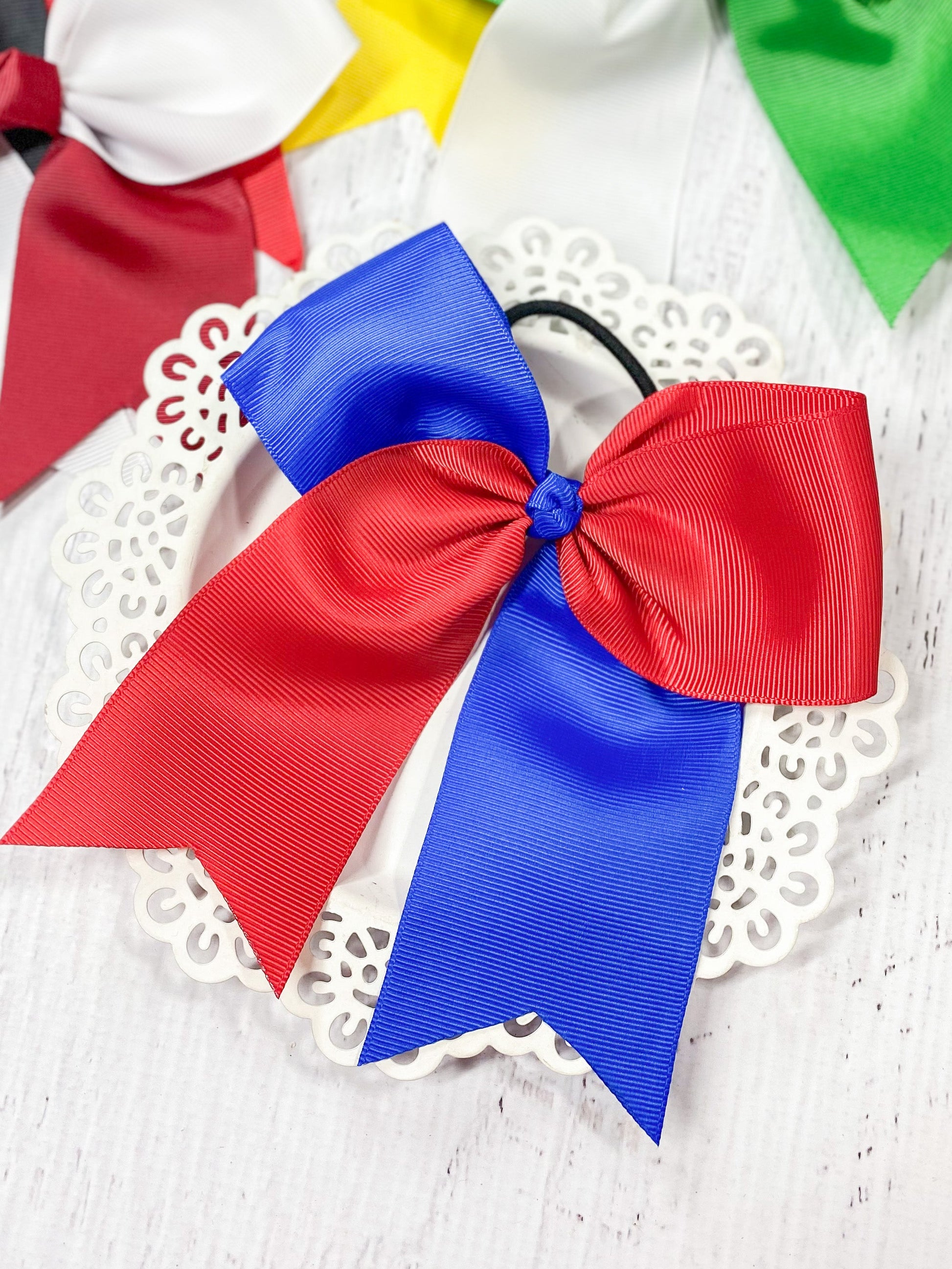 blue and red school spirit cheer bow