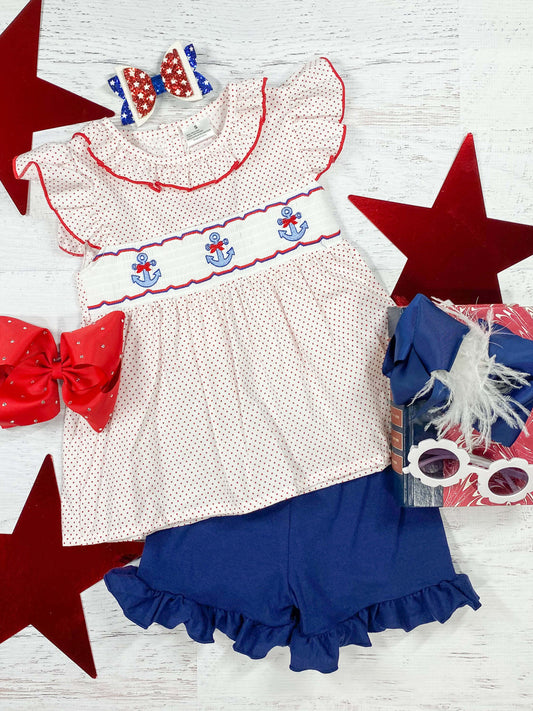 Red White & Blue Embroidered Anchor Top, With Navy Blue Ruffle Shorts.