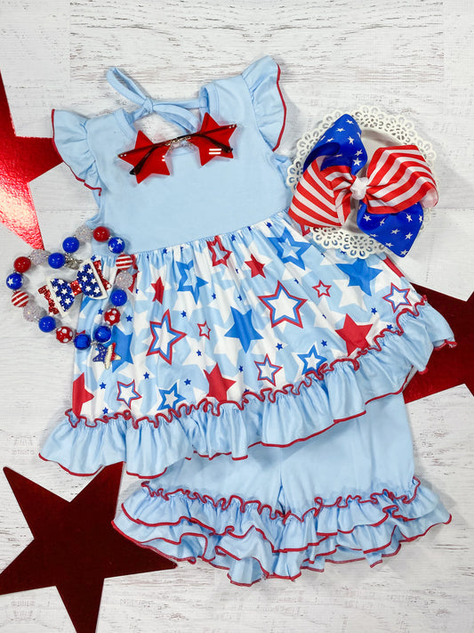Red, White & Light Blue American Stars Ruffled Shorts Set