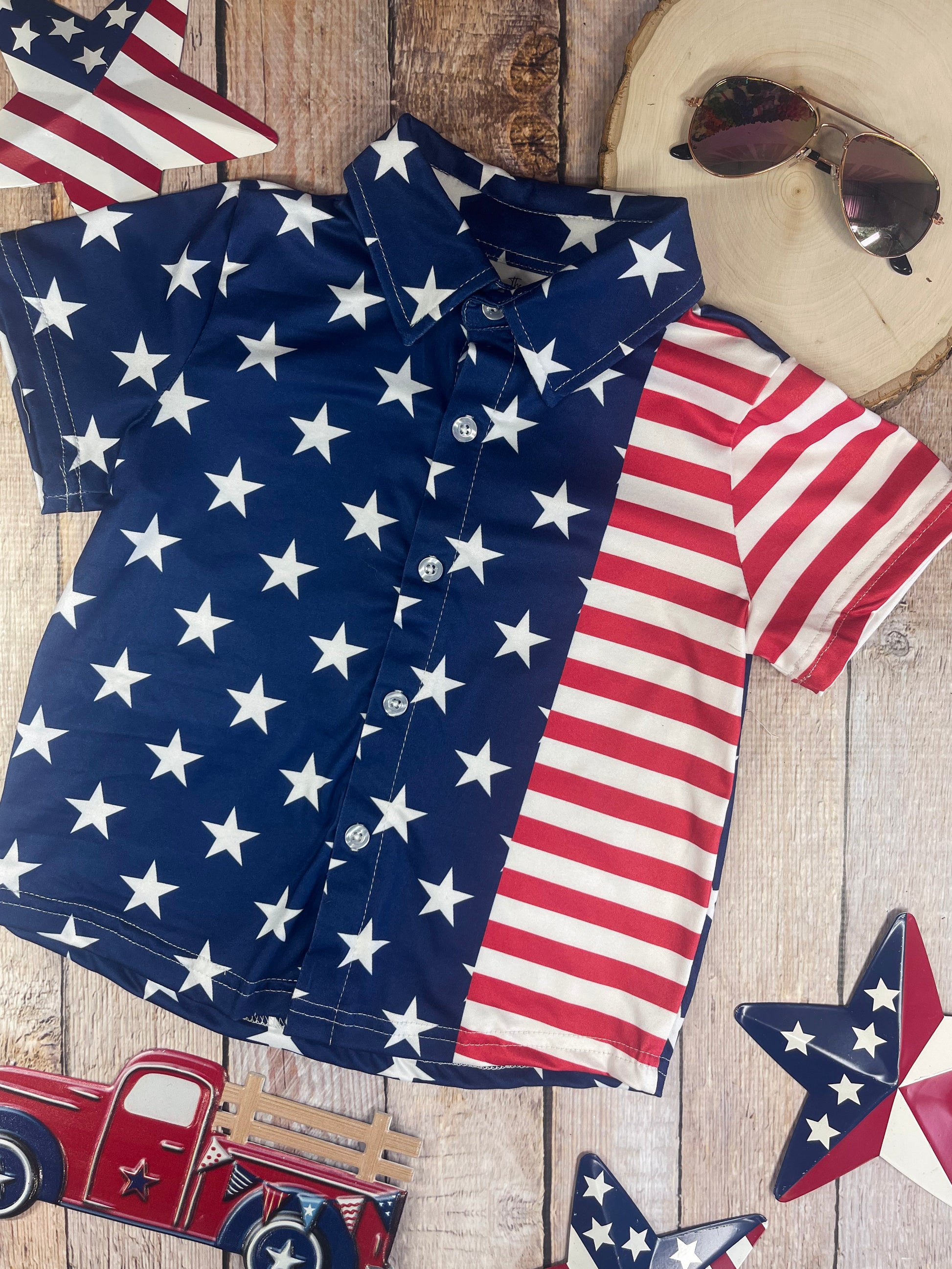 boys button down 4th of july flag top