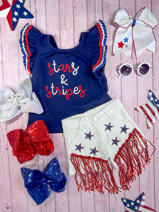 Stars & Stripes Fringe Shorts Set