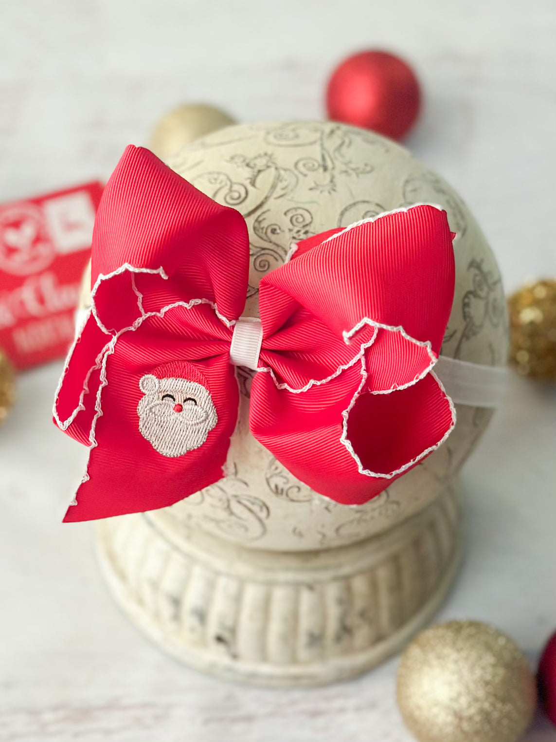 Santa Embroidered Hair Bow Headband - Satin Elastic Style
